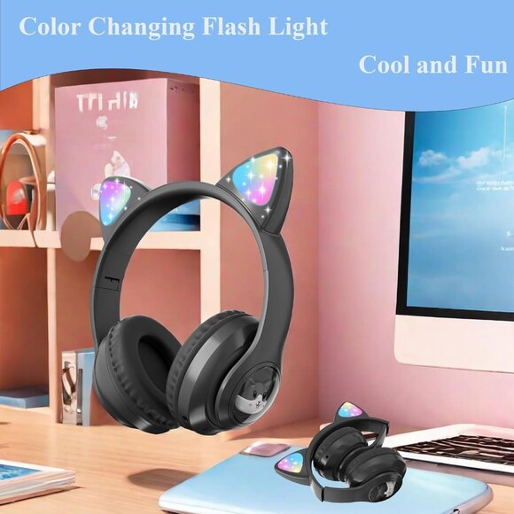 Cartoon Cat Light Up Ears Bluetooth Headphones fits teens and adults - Picture 3 of 5
